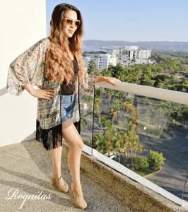 Kimono Midi Animal Print Tono Beige Con Fleco