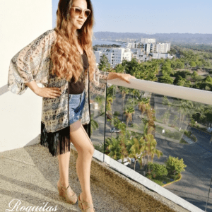 Kimono Midi Animal Print Tono Beige Con Fleco